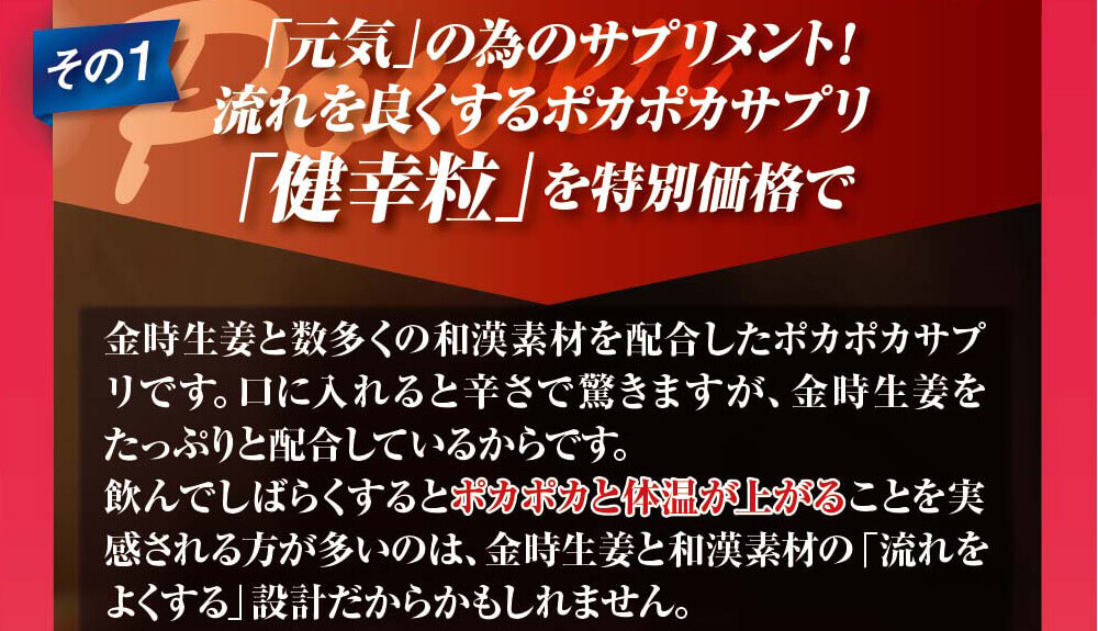 「元気」の為のサプリメント！流れを良くするポカポカサプリ「健幸粒」を特別価格で