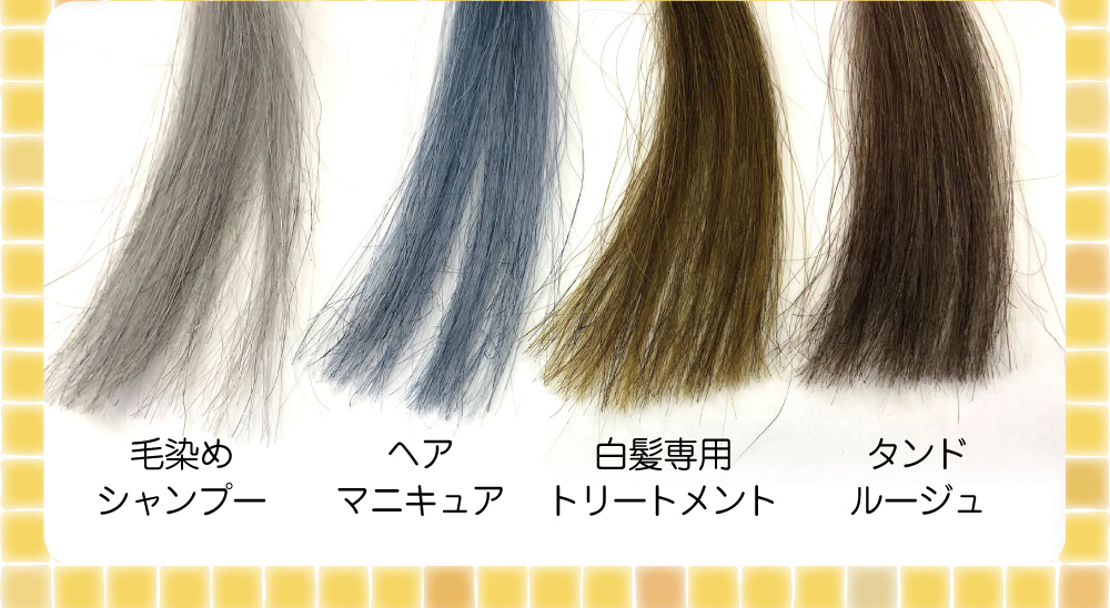 人の白髪の毛束を使って「染め力」のテストを実施。その結果がこちらです。