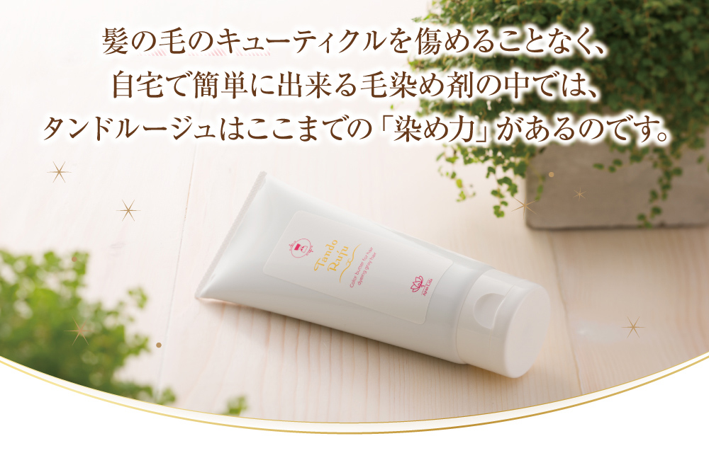 髪の毛のキューティクルを傷めることなく、自宅で簡単にできる白髪染め剤の中では、タンドルージュはここまでの「染め力」があるのです。