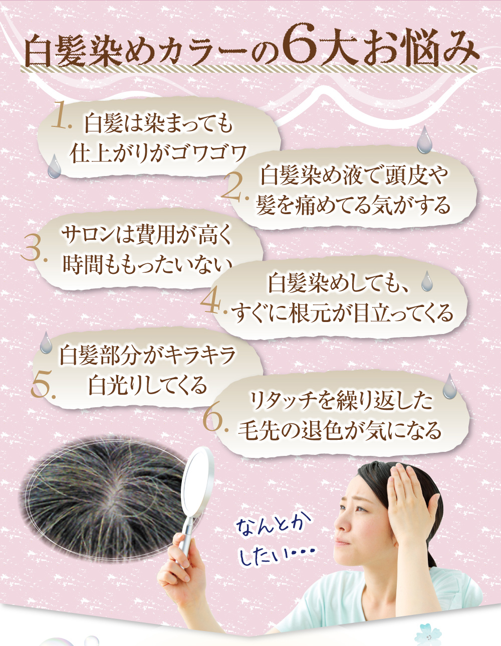 白髪染めカラーの6大お悩み!1.白髪は染まっても仕上がりがゴワゴワ。2.白髪染め液で頭皮や髪が傷む。3.サロンは費用が高く時間がもったいない。4.白髪染めしてもすぐに根元が目立つ。5.白髪部分がキラキラ白光りしてくる。6.リタッチを繰り返した毛先の退色が気になる。