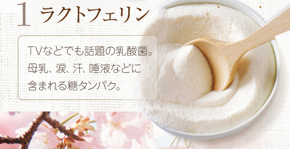 1.ラクフェトリン。TVでも話題の乳酸菌。母乳、涙、汗、唾液などに含まれる糖たんぱく